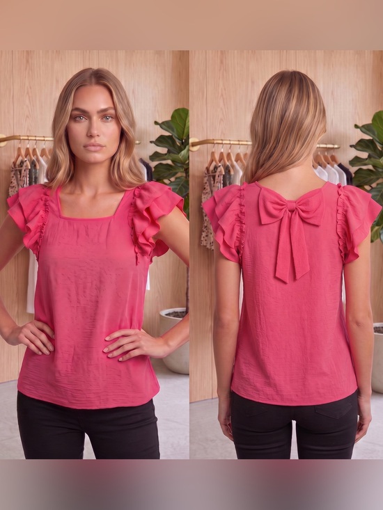 Tops - Women's Ruffle Sleeve Bow-Back Top in Raspberry Pink